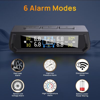 2025 RV Tire Pressure Monitoring System,0-87 PSI Tire Pressure Monitor System with Solar Charge,TPMS with 4 Sensors&6 Alarm Modes, Color LCD&Car Temperature Display for RV Trailer - Image 2