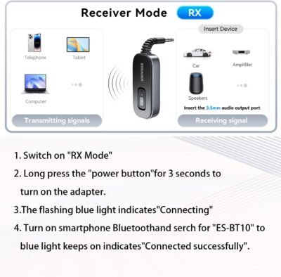 ESSAGER Bluetooth Receiver for Car, Noise Cancelling 3.5mm AUX Bluetooth Car Adapter, Wireless Audio Receiver Transmitter for Home Stereo/Wired Headphones Airplane, Gray - Image 7