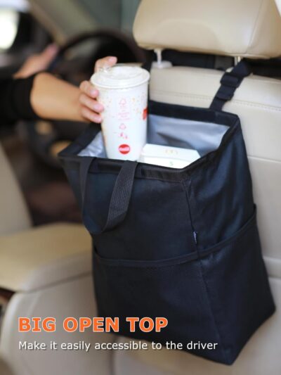 Ginsco New Leak-Proof Travel Car Trash Bag, 3.5 Gallons Large Capacity Hanging Car Trash Can with Hook and Loop Lid and Handle, Multipurpose Trash Bin with Storage Pockets for SUV RV Camping (Black) - Image 2