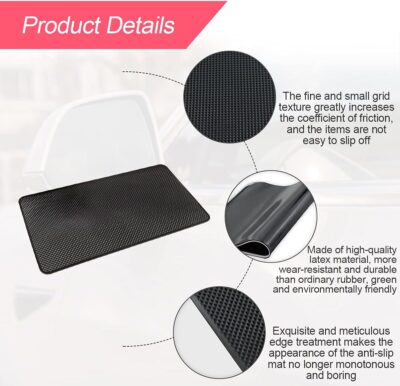 Car Dashboard Anti-Slip Rubber Pad, 10.6"x 5.9" Universal Non-Slip Car Magic Dashboard Sticky Adhesive Mat for Phones Sunglasses Keys Electronic Devices and More Use (Black/Grid) - Image 3