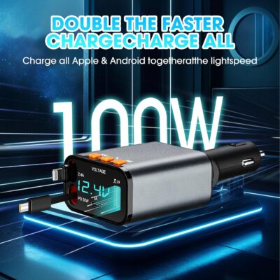 Retractable Car Charger,5 in 1 Fast Cars Phone Charger 60w,Bluetooth 5.3 FM Transmitter Adapter,Handsfree Call,MP3 Player,2 Retractable Cables and USB Chargers, for Phone,Galaxy,Pixel (Black) - Image 7