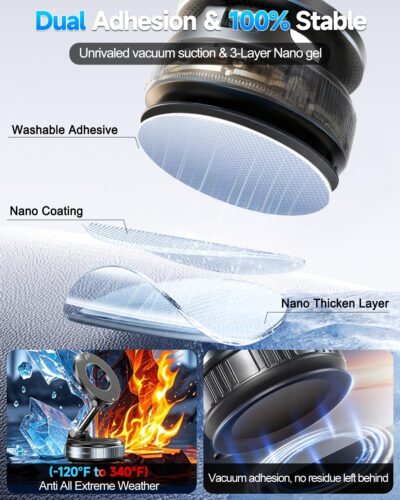 Upgraded Vacuum Magnetic Car Phone Holder for Your Car [120LBS Ultra Suction Cup & 3000gf Magnet] 780° Adjustable Foldable Cell Phone Mount for Magsafe Dashboard Car Bracket Stand for iPhone & Android - Image 7
