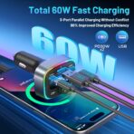 Bluetooth 5.4 Car Adapter 60W Charging USB Bluetooth Adapter for Car,Wireless Fm Transmitter Radio,Handsfree Calling and Audio Receiver,HiFi Music Player,7 Colors LED Backlit - Image 4