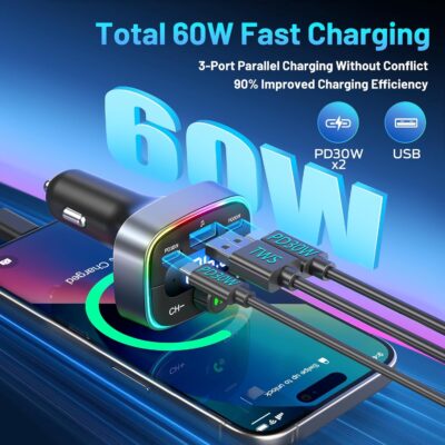 Bluetooth 5.4 Car Adapter 60W Charging USB Bluetooth Adapter for Car,Wireless Fm Transmitter Radio,Handsfree Calling and Audio Receiver,HiFi Music Player,7 Colors LED Backlit - Image 4