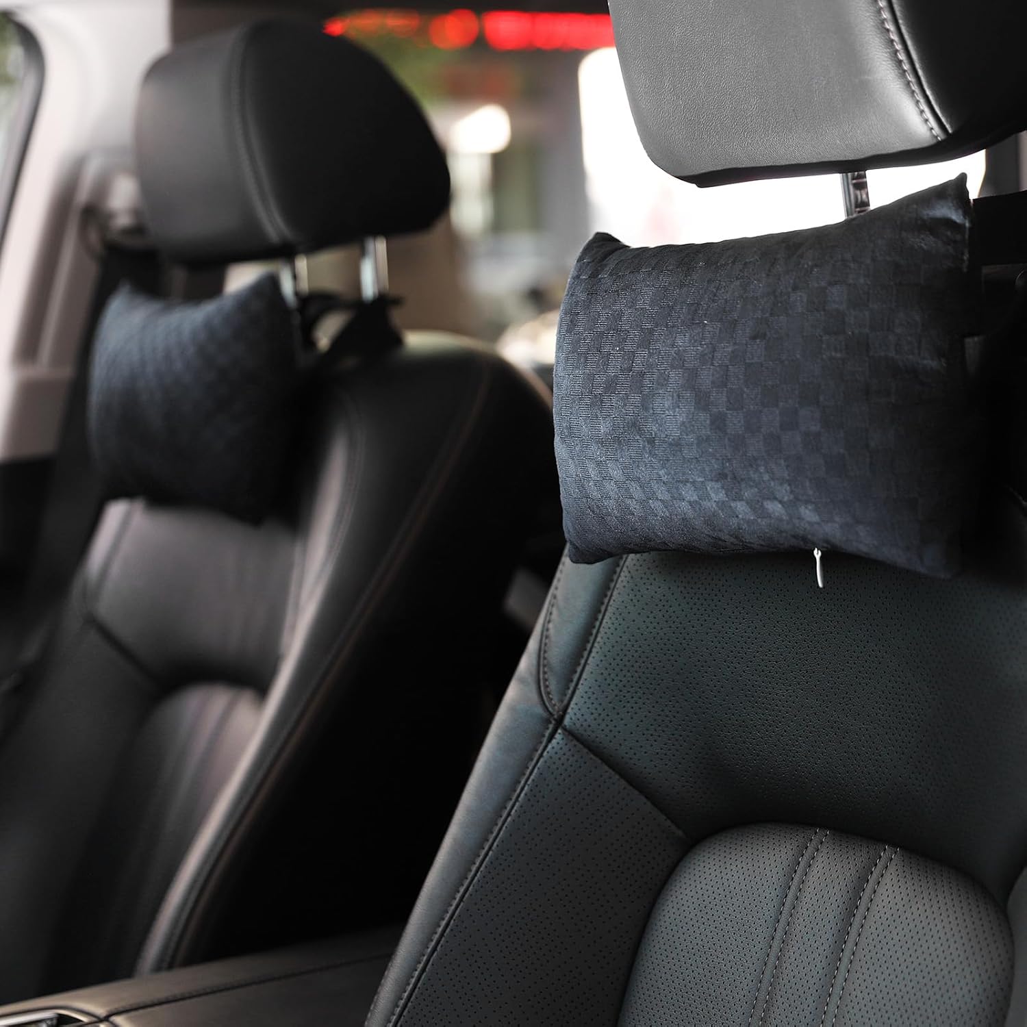 71dUEi4xL._AC_SL1500_.jpg 2-Pack Car Headrest Neck Pillows, 100% Cotton Fill with Adjustable Strap, Breathable Support for Driving & Travel (Black-Checkerboard) - Image 1