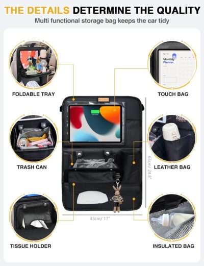 2-Pack Leather Car Backseat Organizer with Tablet Holder–Foldable Food Tray,Storage Pockets,Trash Can,Tissue Holder & Insulated Bag–Kick Mats Protector for Kids,Travel Accessories Organizer - Image 2
