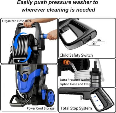2026 Upgrade Pressure Power Washer 4800PSI w/4 Quick Connect Nozzles, Inlet Hose & Filter&500ML Soap Tank, High Cleaning Machine for Cars/Fences/Driveways/Patios/Home Cleaning,Blue - Image 5