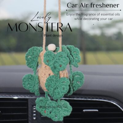 Cute Crochet Car Plant Monstera Essential Oil Diffuser Bottle - 12ml Refillable, Green Car Accessory for Mirror Decor and Home Decor - Image 5
