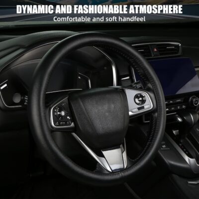 Leather Steering Wheel Cover, Anti-Slip, Safety, Soft, Breathable, Adaptable to 14.5-15 inches Steering Wheel Fit SUV Jeep Van Sedan, Car Steering Wheel Protector for Women Men,Classic Black - Image 3