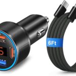 65W 4-Port Super Fast Type C Car Charger USB C for Samsung S26/S25/S24/S23/S22 Ultra/A17/A16/Z Fold/Flip Android Car Phone Adapter 12v Cigarette Lighter Plug with Voltage Display+6FT USB C Cable