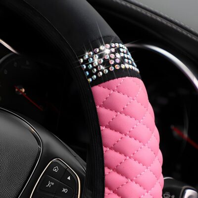 Bling Car Steering Wheel Cover, 15 Inch Rhinestones Soft Leather Elastic Steering Wheel Protector, Sparkly Crystal Diamond for Women Girls, Car Interior Accessories for Most Cars (Pink) - Image 3