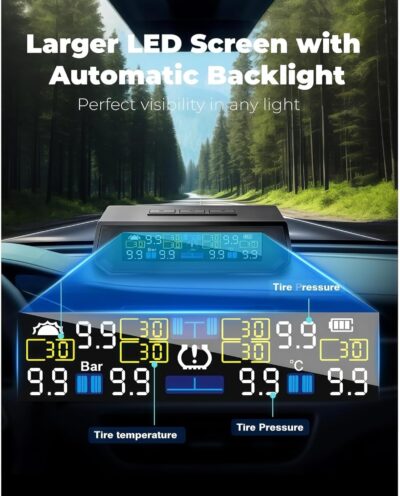 Tire Pressure Monitoring System,TPMS with Solar and USB Charging Color LCD Display, Voice Prompts, 6 Alarm Modes, 0-87 PSI Range (6 Tire Sensors) - Image 3