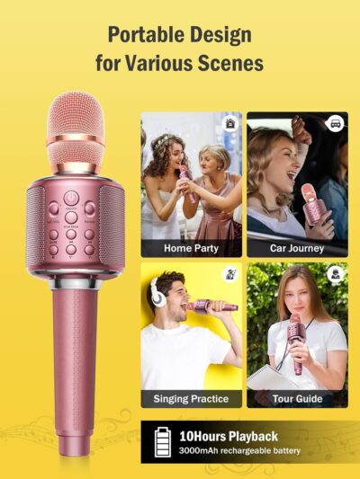 Wireless Bluetooth Karaoke Microphone, Built-in Loud Speaker for 10H Playback, Add Reverb/Duet Mode/Earbuds Monitoring, Portable Karaoke Machine for Entertainment & Singing Practice (Rose Gold) - Image 4