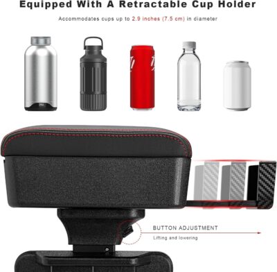Car Armrest Storage Box with Cup Holder, Adjustable Leather Auto Seat Gap Filler Armrest Extender Pad, Liftable Forearm Wrist Support Center Console Storage Case for SUV Truck (Black & Red) - Image 3