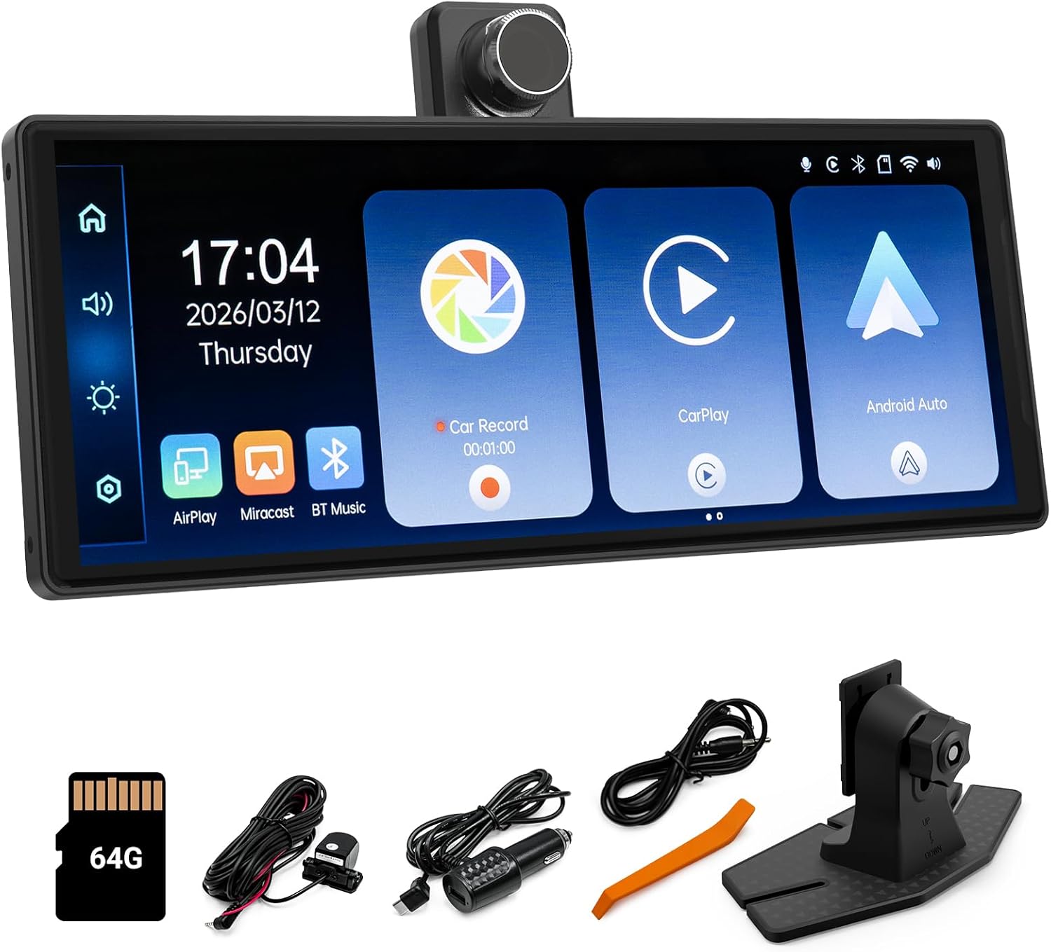 71eoGyGNQAL._AC_SL1500_.jpg Wireless CarPlay and Android Auto 10.26-inch Touchscreen, 4K Dash Camera and 1080p Backup Camera, Universal Portable car Display, Equipped with 64G Memory Card (C6) - Image 1