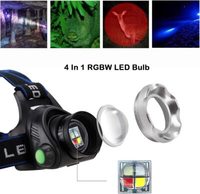 Multicolor Headlamp Flashlight 1000 Lumen Waterproof Zoomable Led Headlight with White Red Green Blue Light - Image 3