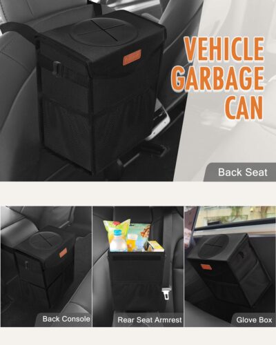 Car Trash Can with Lid, Cute Leakproof Car Trash Garbage Bag Hanging Vehicle Trash Bin Small Portable Automotive Garbage Cans Organizer for Back/Front Seat/Console(2.8 Gallons,Black) - Image 6
