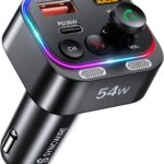 Syncwire Bluetooth 5.4 FM Transmitter Car Adapter 54W (PD 36W & 18W) [Stronger Dual Mics] [Light Switch] [HiFi Bass Sound] [Fast Charging] Wireless Radio Receiver Hands-Free Calling LED Display