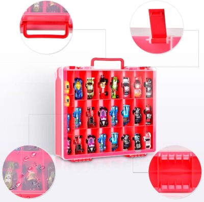 FULLCASE Toys Organizer Storage Compatible with Hot Wheels Car, Container for Matchbox Cars, Mini Toy, Small Dolls, Double Sided Carrying Box for Hotwheels - 48 Compartments (Case Only) Red - Image 3