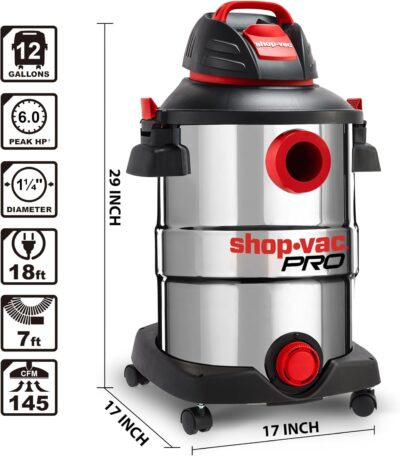 Shop-Vac 12 Gallon 6.0 Peak HP Wet/Dry Vacuum, Stainless Steel Tank, 3 in 1 Function Portable Shop Vacuum with Attachments, Drain Port, Ideal for Jobsite, Garage & Workshop. 5926211 - Image 5