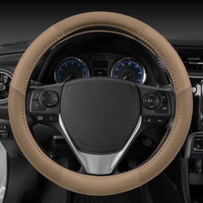 Motor Trend Perforated Microfiber Leather Steering Wheel Cover for Cars Trucks SUVs Vans, Sporty Racing Improved Grip Anti-Fatigue Ergonomic Design, Airbag Compatible - Fits Standard 15" Inch - Beige - Image 4