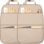 Kick Mat Back Seat Protector Waterproof Leather Car Seat Back Organizers Cover with 3 Storage Pockets for Kids Pets SUV Sedan Minivan Truck Car Travel Accessories (Beige 2-Pack)