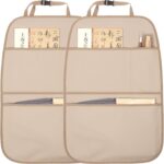 Kick Mat Back Seat Protector Waterproof Leather Car Seat Back Organizers Cover with 3 Storage Pockets for Kids Pets SUV Sedan Minivan Truck Car Travel Accessories (Beige 2-Pack)