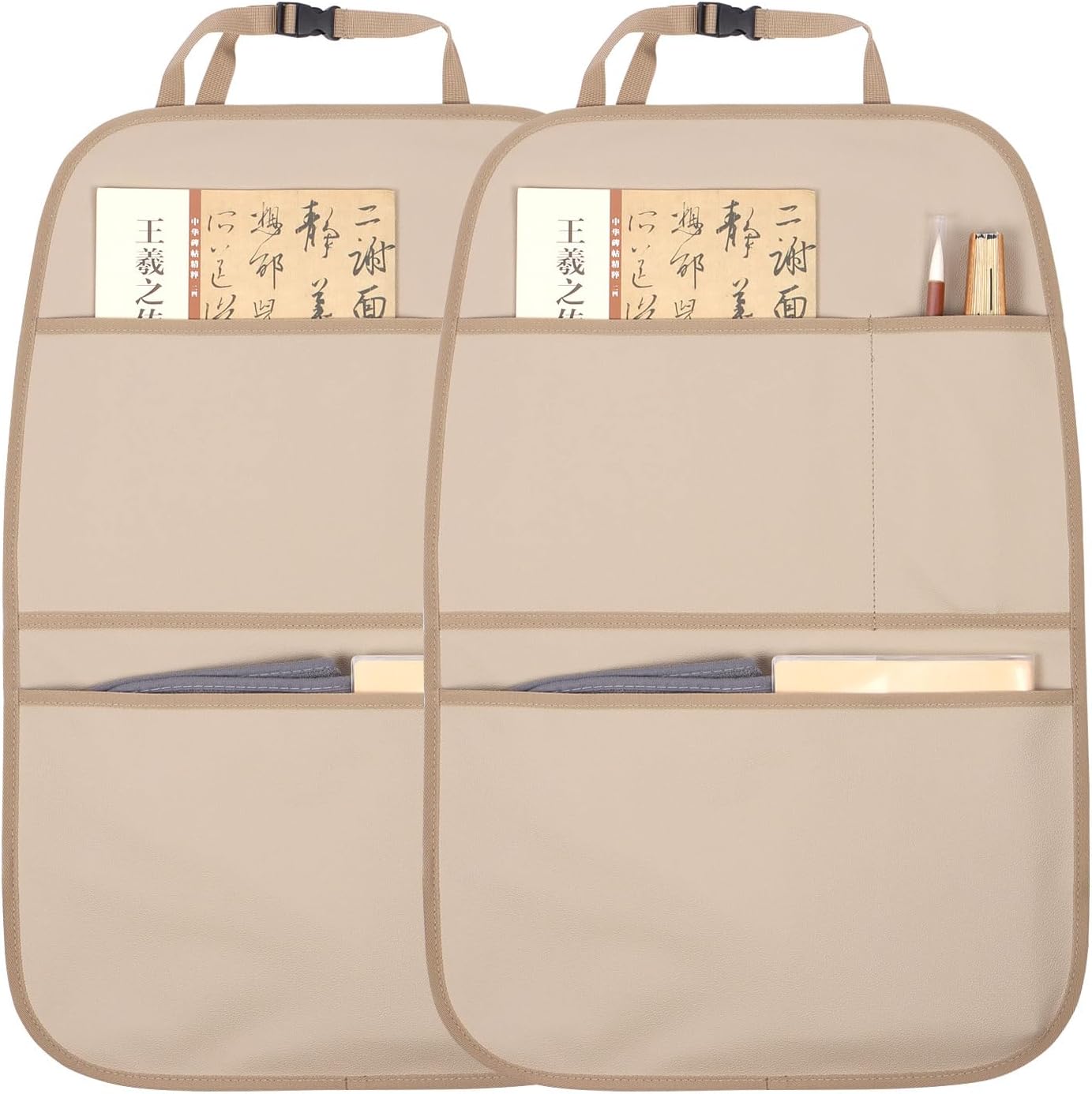 71fOze4INXL._AC_SL1500_.jpg Kick Mat Back Seat Protector Waterproof Leather Car Seat Back Organizers Cover with 3 Storage Pockets for Kids Pets SUV Sedan Minivan Truck Car Travel Accessories (Beige 2-Pack) - Image 1