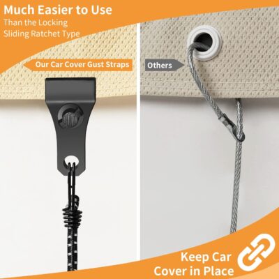 Hlogree 2PCS Car Cover Gust Straps Wind Protector,Bungee Cords Hook Clips Kit Hold Tarp Tie Down from Blowing Off in High Winds-Universal Fit for Most Cars,Sedans,SUVs,Trucks,Vans and More-Black - Image 9