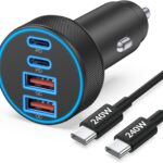 iPhone 17 16 15 Car Charger Fast Charging, 90W 4-Port USB C Fast Car Charger Cigarette Lighter Adapter with 240W 3FT USB-C Cable for iPhone 17/Air/17 Pro/17e/16/15 Pro Max/Plus/16e, iPad, Android