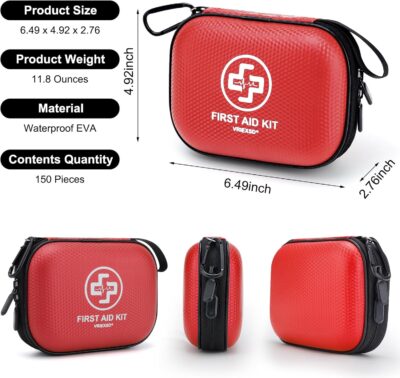Mini First Aid Kit - 150 Piece Small Waterproof Hard Shell Medical Kit for Home, Car, Travel, Camping, Truck, Hiking, Sports, Office, Vehicle & Outdoor Emergencies- Small First Aid Medical Kit (Red) - Image 2