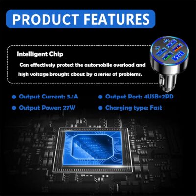 6 Port Fast USB Car Charger (PD+QC3.0),Cigarette Lighter USB Charger with LED Digital Display,Universal Car Charger Adapter Car Accessories Interior for Most 12V/24V Vehicles - Image 3