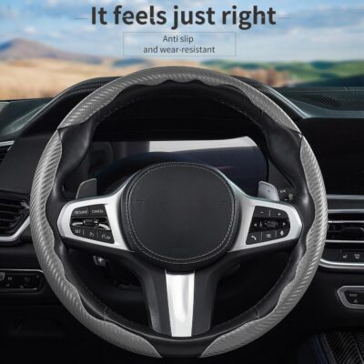 3 Piece Carbon Fiber Steering Wheel Cover,Car Steering Wheel Protector with Non-Slip Lining,Breathable Microfiber Universal for 14.5-15 inch,Gray - Image 5