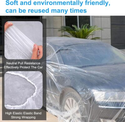 4 Pack Clear Plastic Car Cover, Disposable Car Covers Universal Vehicle Rain Dust Garage Cover Cars Protective Covers with Elastic Band Medium for Sedan Outdoor Snow Rain Weather(15.7FT x 24.6FT) - Image 3