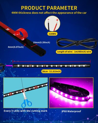 Car Led Light Strip,Pink Interior Lights for Trucks 30CM 15 SMD IP67 Waterproof Car Underglow Lights for Car Motorcycles Boat Golf Cart Home Decoration with 3M Tape - Image 3