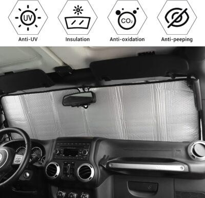 JWWY Windshield Sunshade Window Sun Shade Heat Shield Sun Visor UV Rays and Foldable Sun Shield Blocks for Jeep Wrangler Car Interior Accessories for 1996-2018 TJ JK JKU（51.96in*15.35in） - Image 3
