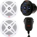 Pyle Marine Bluetooth Receiver Speaker Kit - Waterproof Audio Entertainment System Set w/Dual 6.5" Boat Speakers, Wireless BT Controller, Compact Handheld Broadcasting Microphone (White)