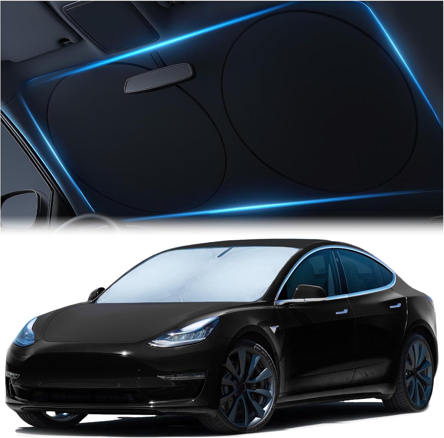 71g8EBGS66L._AC_SL1500_.jpg Magnelex Tesla Windshield Sun Shade (Model 3/Y), Reflective Polyester Blocks Heat & Sun, Foldable Car Window Sun Blocker, Mirror Cut-Out, Fade-Resistant Sunshade, Tesla 3 Accessories - Image 1