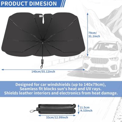 Satol Car Umbrella Windshield Sun Shade - 55"x31" (140x79cm) Universal Car Sunshade Umbrella with 10-Rib Frame | Heat Shield & UV Protection | Fits Sedan, SUV, Truck | Includes Storage Pouch - Image 3