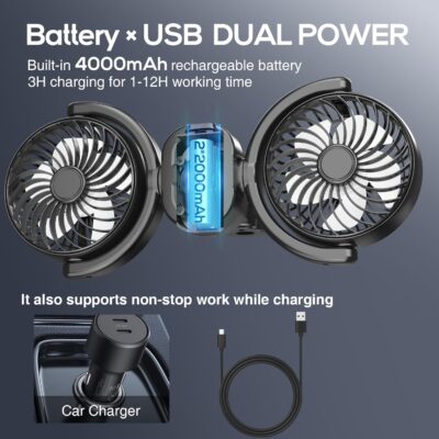 Dealswin Rechargeable Car Fan for Backseat Kids Baby, Battery and USB Dual Power Car Fans, Powerful 3 Speeds 360° Rotatable Dual Head Cooling Car Seat Fan for Sedan SUV RV Truck Vehicle - Image 2
