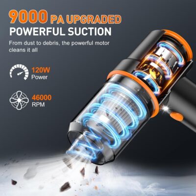 KMM Handheld Car Vacuum Cleaner, 9000PA Vacuum Cleaner & Air Duster, 120W High Power Vacuum Portable Cordless, Hand Held Vacuum Rechargeable with Multi-Nozzles & LED Light for Home, Car, Office - Image 3