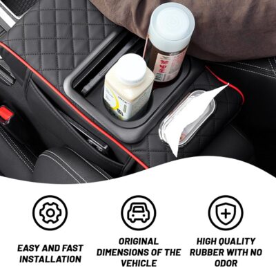 Car Armrest Cushion, 5 in 1 Center Console Cover with 2 Cup Holders, Phone Holder, Tissue Holder, Storage Bag, Multifunctional Leather Heightened Car Armrest Cushion for Most Cars - Image 3