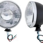 Speedway Motors 7" Black Dietz Type Headlights with Chrome Rings: Universal Fit, 12V Halogen High/Low Beam, Drilled 1/2"-13 Mounting Stud, Adjustable Pivot, Dedicated Ground Wire