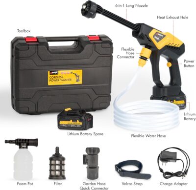 Wagan EL6312 Cordless Power Pressure Washer with 6-in-1 Long Nozzle 970PSI Portable Power Washer with 2 Rechargeable 3.0Ah Batteries Using for Car, Garden, Floor Cleaning - Image 2