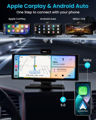 Portable Apple Carplay Screen, 10’’ Car Stereo Wireless Car Play & Android Auto Touch Screen, 4K Dash Cam, 1080P Backup Camera, Mirror Link/Voice Control/Music Play/GPS Navigation - Image 2