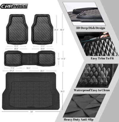 CAR PASS Heavy Duty Rubber Black Car Floor Mats & Cargo Liners, Deep Dish All-Weather Trunk Mats Durable Anti-Slip 3D Rhombus Waterproof Trim to Fit Liner Universal Fit Auto,Sedan,SUV,Truck, Black - Image 3