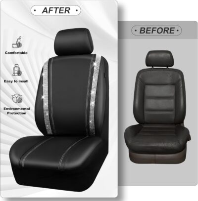 CAR PASS Bling Diamond Car Seat Covers Full Set, Shining Rhinestone Waterproof Faux Leather, Rear with Zipper, Universal Fit Automotive Glitter Crystal Sparkle Strips for Cute Women Girl, Silver - Image 5