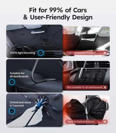 2025 Ice-Shield Car Windshield Sun Shade [100% Sun Block, 4th-Gen Cooling Tech] Reflective Heat Insulation, Portable Foldable Front Window Sunshade Umbrella for Sedans/SUVs - Universal Fit 57"x32" - Image 5