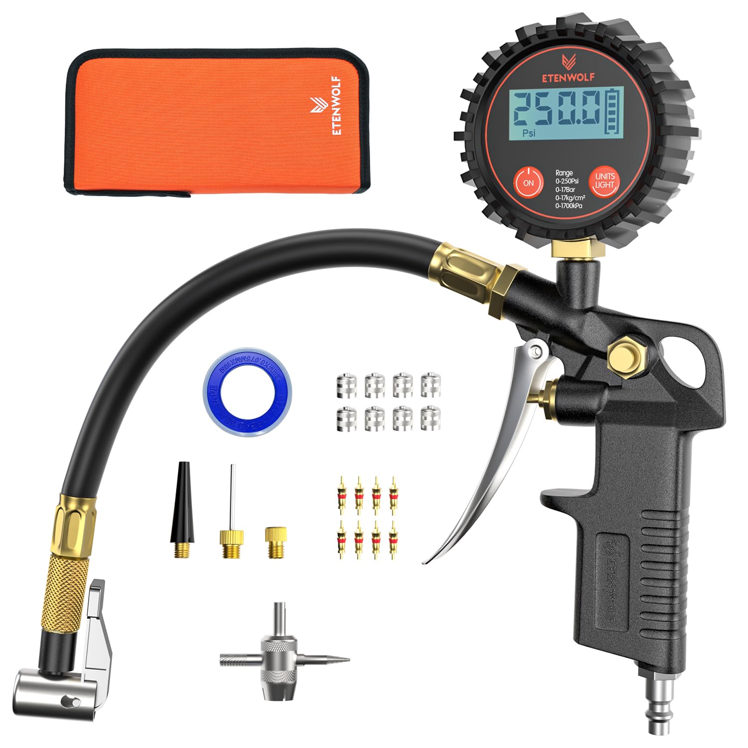71hALlzz8ML._SL1500_.jpg ETENWOLF T500 Digital Tire Pressure Gauge with Inflator, Tire Gauge 0-250 PSI, Calibrated to ANSI B40.7 Grade 2A, Air Chuck & Compressor Accessories with Storage Bag, Black - Image 1