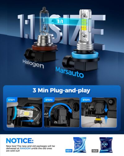 Marsauto H11/H8 LED Fog Light Bulb, 10000 Lumens 6000K White Super Bright & Compact H16/H8/H11 LED Bulb, 1:1 Mini Size Plug and Play Fog Lights, Side Marker & Parking Light Combos, Pack of 2 - Image 3